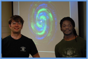 Two graduate stu- dent members of the LSU Black Hole simulation team are, left to right, Oleg Korobkin, physics, and Cornelius Toole Jr., computer science.
